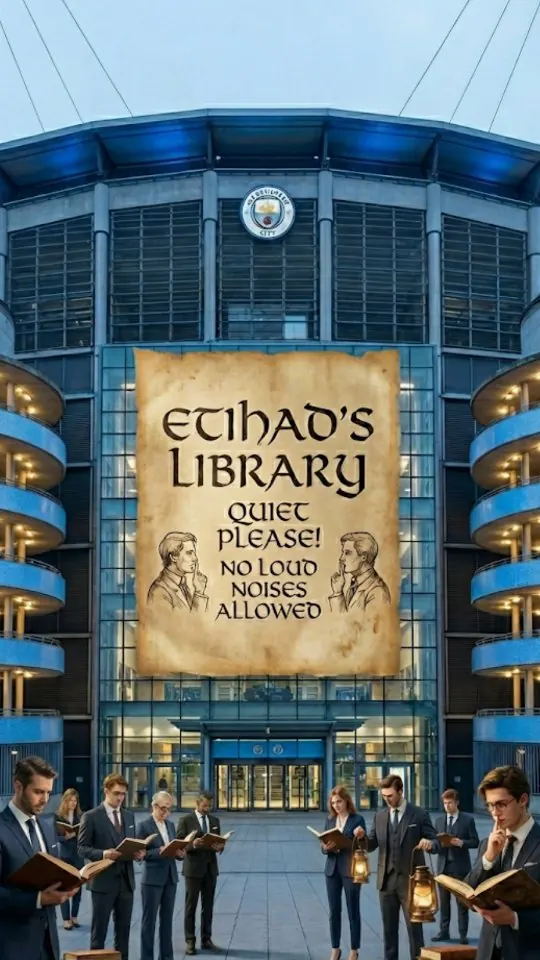 Cover: das Stadion von Manchester City mit einem Schild „Etihad’s Library – Quiet please! No loud noises allowed“.